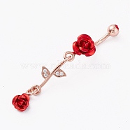 Piercing Jewelry, Brass Micro Pave Cubic Zirconia Navel Rings, Belly Rings, with 304 Stainless Steel Bar and Enamel, Rose, Red, Rose Gold, 56mm, Bar: 14 Gauge(1.6mm), Bar Length: 3/8"(10mm)(AJEW-P017-07RG)
