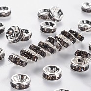 Brass Grade A Rhinestone Spacer Beads, Silver Color Plated, Nickel Free, Black Diamond, 8x3.8mm, Hole: 1.5mm(RSB038NF-03)