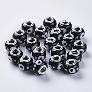 Handmade Lampwork European Beads, Large Hole Beads, with Silver Color Plated Brass Double Cores, Rondelle, Black, 14x11mm, Hole: 5mm(LAMP-S193-008I)
