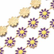 304 Stainless Steel & Enamel Link Chains, with Spool, Unwelded, Real 16K Gold Plated, Nickel Free, Flower, Purple, 13.5x10x1mm, about 16.4 Feet(5m)/roll(CHS-Q004-001H-NF)
