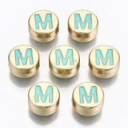 Alloy Enamel Beads, Cadmium Free & Lead Free, Flat Round with Initial Letters, Light Gold, Pale Turquoise, Letter.M, 8x4mm, Hole: 1.5mm(ENAM-S122-029M-RS)