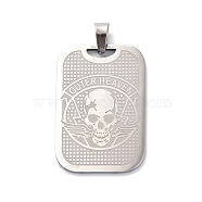 304 Stainless Steel Pendants, Rectangle with Skull Charm, Stainless Steel Color, 35x23.5x1mm, Hole: 7.5x4mm(STAS-C062-09P)