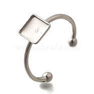 304 Stainless Steel Open Cuff Ring Components, Pad Ring Setting, Square, Stainless Steel Color, Square: 7.5x7.5mm, Adjustable, Tray: 6.5x6.5mm(STAS-M057-01H-P)