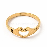 304 Stainless Steel Hollow Out Heart Hand Finger Ring for Women, Golden, Inner Diameter: 18mm(RJEW-K239-03G)