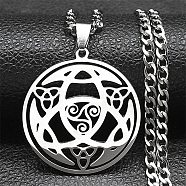304 Stainless Steel Enamel Necklaces, Flat Round with Trinity Knot Pendant Necklaces, Stainless Steel Color, 23.43 inch(59.5cm)(NJEW-Q338-08P)
