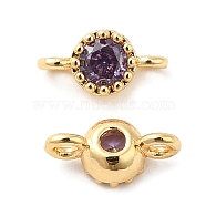 Brass Pave Purple Glass Connector Charms, Single Stone Flat Round Links, Real 18K Gold Plated, 8x4x3mm, Hole: 1.2mm(KK-F860-75G-01)