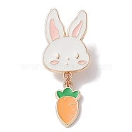 Rabbit with Carrot Dangle Enamel Pins, Light Gold Tone Alloy Brooch for Backpack Clothes, White, 48x19x1.7mm(JEWB-D028-02B-KCG)