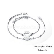 2Pcs Stainless Steel Hollow Hexagon & Heart-shaped Link Bracelet Set, Satellite Chains Stackable Bracelets Perfect for Daily Wear and Special Occasions, Silver, 6-1/4 inch(16cm)(QD0296)