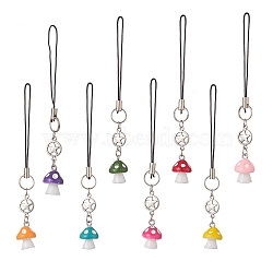 Mushroom Opaque Resin Mobile Strap, Cord Loop and Alloy Pentacle Links Mobile Decorative Accessories, Mixed Color, 10.6cm, 8pcs/set(HJEW-JM00970)