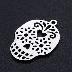 Non-Tarnish 201 Stainless Steel Pendants, Filigree Joiners Findings, Laser Cut, Sugar Skull, For Mexico Holiday Day of The Dead, Stainless Steel Color, 22x16x1mm, Hole: 1.4mm(STAS-S105-JN882-1)