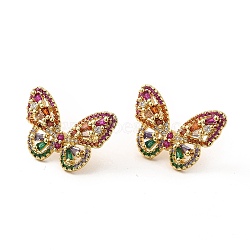 Colorful Cubic Zirconia Butterfly Stud Earrings, Rack Plating Brass Jewelry for Women, Lead Free & Cadmium Free, Real 18K Gold Plated, 24.5x16.5x4mm, Pin: 0.8mm(EJEW-F302-06G)