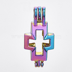 Plated Alloy Bead Cage Pendants, Cross, Colorful, 30x14.5x9.5mm, Hole: 4x4.5mm; Inner Measure: 17x12.5mm(PALLOY-S119-040)