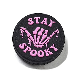 Silicone Focal Beads, DIY Nursing Necklaces Making, Flat Round with Word Stay Spooky, Hot Pink, 28x8mm, Hole: 2mm(SIL-E010-03C)