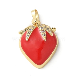 Brass Micro Pave Cubic Zirconia Pendants, Strawberry Charms, with Emamel, Rack Plating, Long-Lasting Plated, Cadmium Free & Lead Free, Real 18K Gold Plated, 23.5x18.5x7mm, Hole: 4x6.5mm(KK-P290-62G)