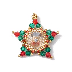 Christmas Glass & Seed Bead Woven Pendants, Star, Mixed Color, 30x28x6.5mm, Hole: 1.8mm(PALLOY-MZ00261)