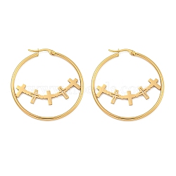 304 Stainless Steel Huggie Hoop Earrings, Cross, Golden, 44x2mm(EJEW-P282-01E-G)