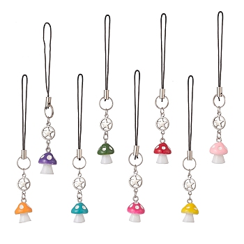 Mushroom Opaque Resin Mobile Strap, Cord Loop and Alloy Pentacle Links Mobile Decorative Accessories, Mixed Color, 10.6cm, 8pcs/set