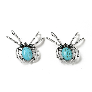 Dual-use Items Alloy Brooch, with Synthetic Turquoise and Rhinestone, Spider, 46x54x12mm, Hole: 4x3.5mm