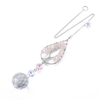 Natural Rose Quartz Big Pendants, with Platinum Brass Chain Extender and Findings, Plating Glass Flat Round & Flower, Clear AB Color, Teardrop with Tree of Life, 155mm, Hole: 3.5mm