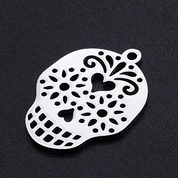 201 Stainless Steel Pendants, Filigree Joiners Findings, Laser Cut, Sugar Skull, For Mexico Holiday Day of The Dead, Stainless Steel Color, 22x16x1mm, Hole: 1.4mm