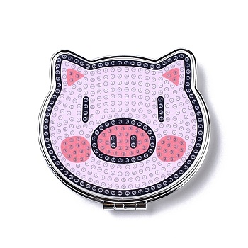 DIY Pig Special Shaped Diamond Painting Mini Makeup Mirror Kits, Foldable Two Sides Vanity Mirrors, with Rhinestone, Pen, Plastic Tray and Drilling Mud, Pearl Pink, 74x80x12.5mm