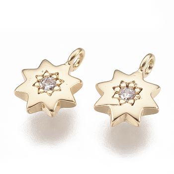 Brass Charms, with Cubic Zirconia, Star, Nickel Free, Real 18K Gold Plated, 8x6x1.5mm, Hole: 1mm
