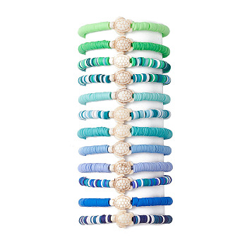 12Pcs 12 Color Polymer Clay Heishi Surfer Stretch Bracelets Set, Dyed Synthetic Turquoise Sea Turtle Stackable Bracelets, Mixed Color, Inner Diameter: 2~2-1/8 inch(5~5.25cm), 1Pc/color