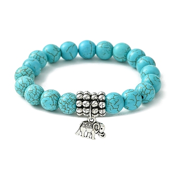 Dyed Synthetic Howlite Elephant Stretch Bracelets, with CCB Plastic Beads and Tibetan Style Alloy Pendants, Antique Silver Metal Color, Light Sea Green, 55mm