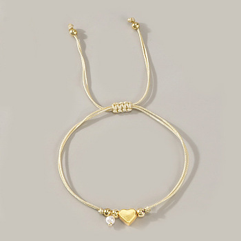 Bohemian Style Brass & Imtation Pearl Charm Bracelets, Adjustable Polyester Cord Braided Bead Bracelets for Women, Round & Heart, Old Lace, Inner Diameter: 11 inch(28cm)