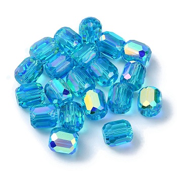 AB Color Plated Glass Beads, Faceted Barrel, Deep Sky Blue, 8.5x7.5mm, Hole: 1.4mm