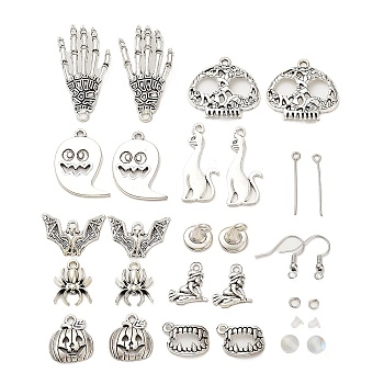 DIY Halloween Dangle Earring Making Kits, Including Bat & Skull & Ghost & Witch & Spider Alloy Pendants, Brass Earring Hooks, Synthetic Moonstone Beads, Antique Silver & Platinum, 130Pcs/box
