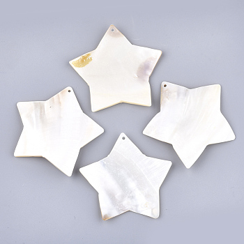 Freshwater Shell Big Pendants, Star, Creamy White, 65~66.5x68~70.5x4~6mm, Hole: 2mm