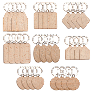 32Pcs 8 Styles Wooden Blank Pendant Keychain, with Alloy and Iron Keyring, for DIY Craft Laser Engraving, Mixed Shapes, 75~100mm, 4pcs/style