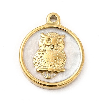 Ion Plating(IP) 304 Stainless Steel Enamel Pendants, Flat Round with Owl, Golden, 18x15x2.5mm, Hole: 1.2mm