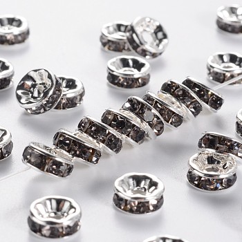 Brass Grade A Rhinestone Spacer Beads, Silver Color Plated, Nickel Free, Black Diamond, 8x3.8mm, Hole: 1.5mm