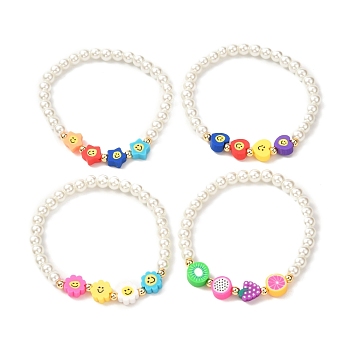 Round Glass Pearl Beads Stretch Bracelet for Teen Girl Women, Cute Polymer Clay Beads Bracelet, Mixed Shape, Mixed Color, Inner Diameter: 2-1/8 inch(5.4cm)