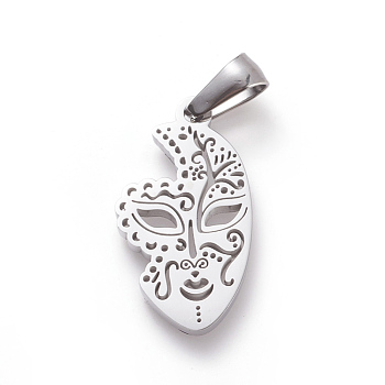 304 Stainless Steel Pendants, Mask, Stainless Steel Color, 23x13x2mm, Hole: 3.5x6mm