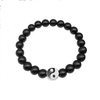 Synthetic Black Stone Beaded Stretch Bracelets with Yin-yang, no size