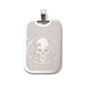 304 Stainless Steel Pendants, Rectangle with Skull Charm, Stainless Steel Color, 35x23.5x1mm, Hole: 7.5x4mm