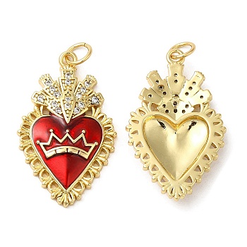 Rack Plating Brass Pendants, with Grade AAA Cubic Zirconia and Enamel, Lead Free & Cadmium Free, Long-Lasting Plated, Heart, Real 18K Gold Plated, 27x16.5x3mm, Hole: 3.5mm