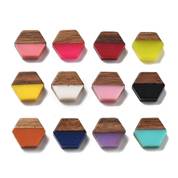 Resin and Walnut Cabochons, Hexagon, Mixed Color, 10x11.5x3mm