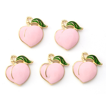 Light Gold Plated Alloy Enamel Pendants, Peach, Pearl Pink, 17x16.5x1.5mm, Hole: 1.4mm