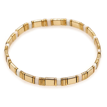 Rectangle Glass Seed Block Beaded Stretch Bracelet, Stackable Tile Bracelet for Women, Golden, 6-1/4 inch(16cm)