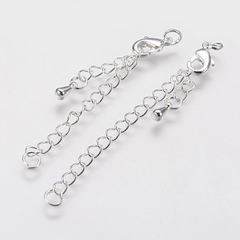 Brass Chain Extender, with 304 Stainless Steel Lobster Claw Clasps, Silver, 15mm long, Clasp: 6x10mm, Extend Chain: 63mm, Hole: 2.5mm