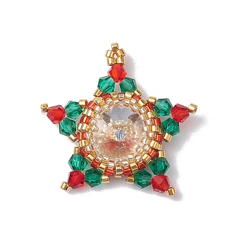 Christmas Glass & Seed Bead Woven Pendants, Star, Mixed Color, 30x28x6.5mm, Hole: 1.8mm