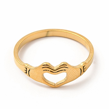 304 Stainless Steel Hollow Out Heart Hand Finger Ring for Women, Golden, Inner Diameter: 18mm
