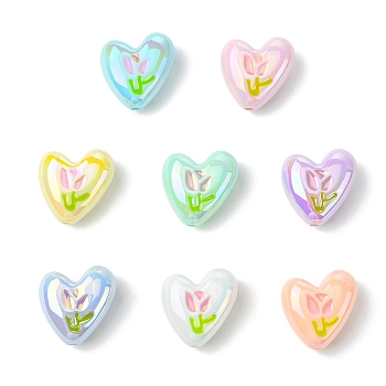 8Pcs 8 Colors UV Platings Acrylic Beads, Iridescent, Heart with Tulip, with Enamel, Mixed Color, 20x19mm, Hole: 2mm