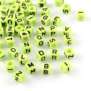 Letter Style Opaque Acrylic Beads, Horizontal Hole, Cube, Lawn Green, 6x6x6mm, Hole: 3.5mm, about 2700pcs/500g