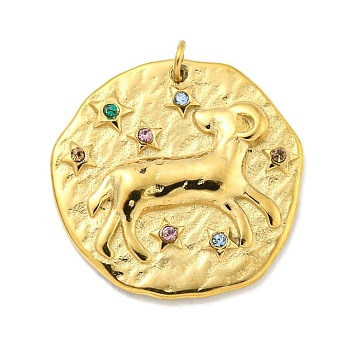 Real 18K Gold Plated PVD Vacuum Plating 304 Stainless Steel Pendants, with Rhinestone and Jump Ring, Flat Round with Constellations Charms, Aries, 20~21.8x20~21x2~3mm, Hole: 2mm