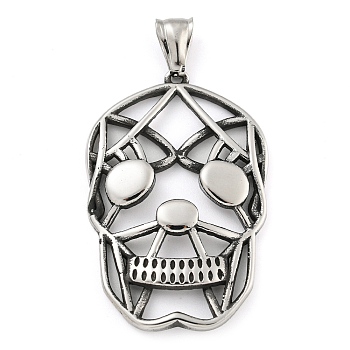 Halloween 304 Stainless Steel Pendants, Skull Charm, Antique Silver, 46x30x4.5mm, Hole: 3x8mm